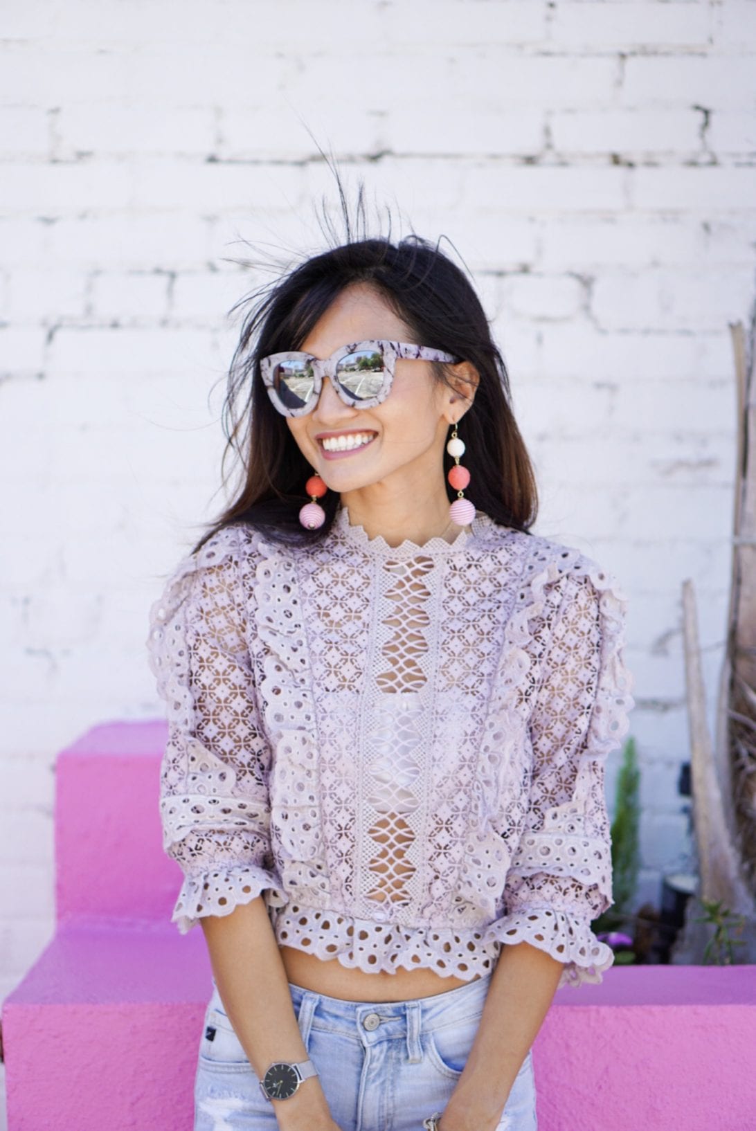 crochet top, chicwish, crop top, lilac, quay sunglasses, bauble ball earrings, daniel wellington