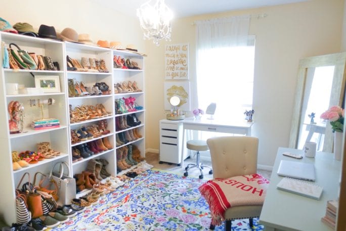 home office tour, vanity room, wardrobe, fashion blogger office, closet office, shoe closet, home office, home decor, office inspiration, shoe shelves, beauty room, chandelier, shoe wall 