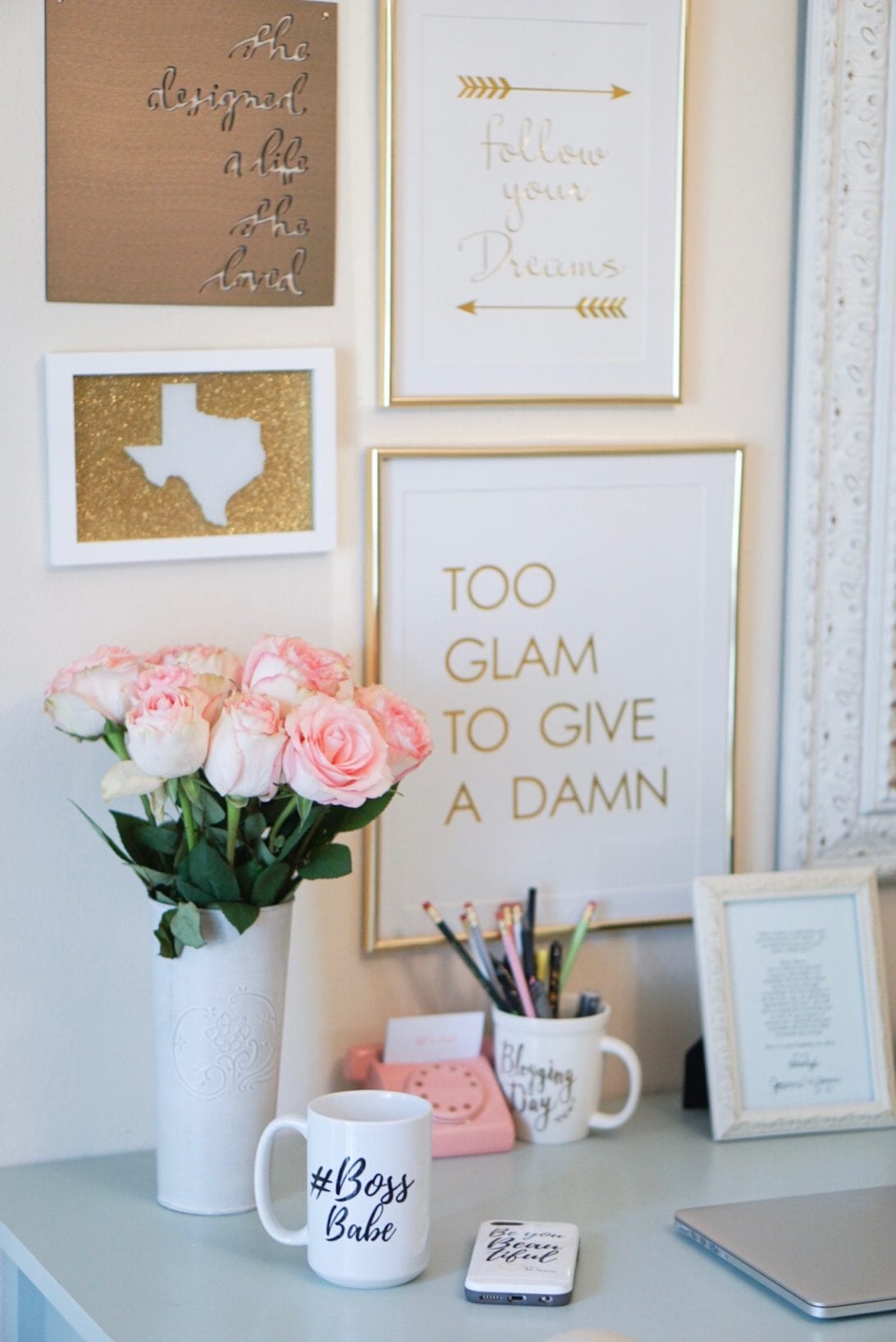 wall decor, too glam to give a dam, boss babe, blogger office, home office tour, vanity room, wardrobe, fashion blogger office, closet office, shoe closet, home office, home decor, office inspiration