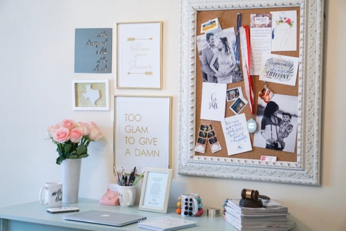 desk space, office decor, cork board, inspiration wall, diy wall, home office, gallery wall