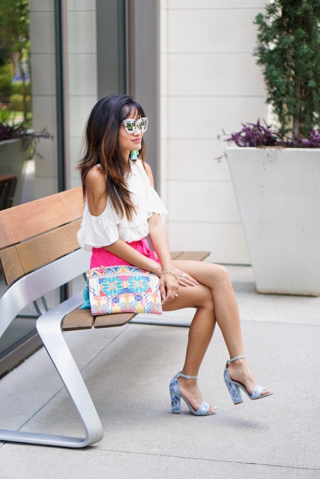 cold shoulder top, ruffle top, ombre earrings, tassel tiered earrings, tassel clutch, embroidered clutch, tie front shorts, summer style, summer look , embroidered heels, quay sunglasses, marble sunglasses