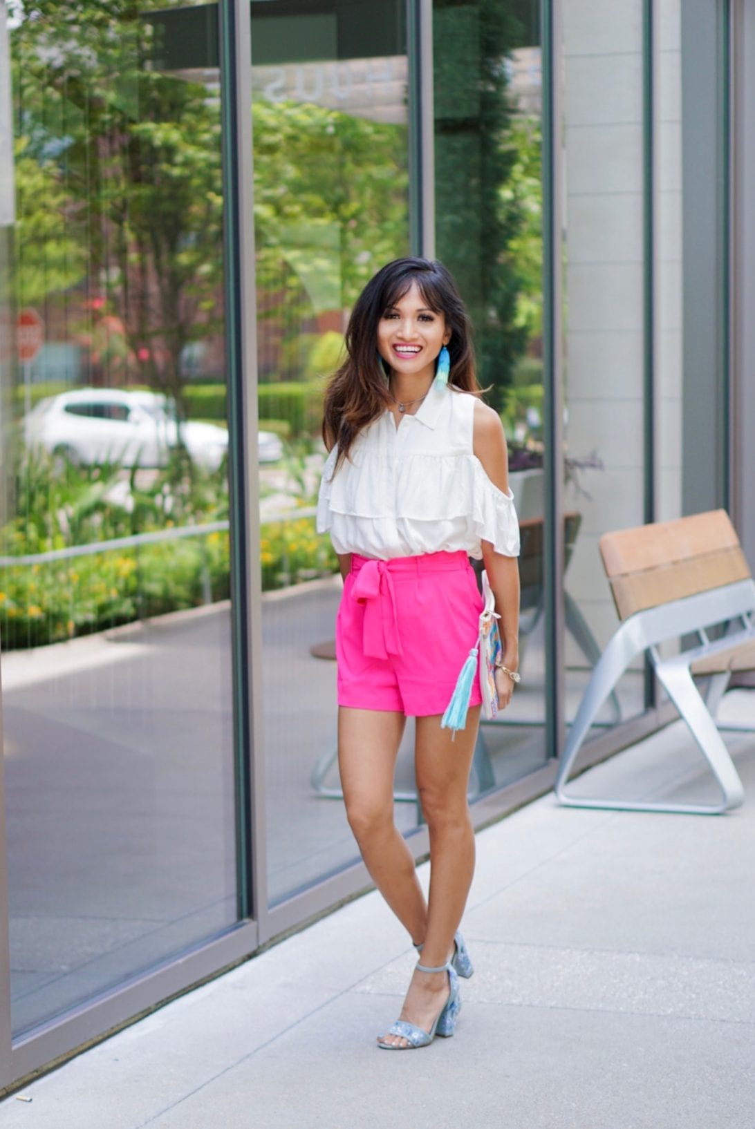 cold shoulder top, ruffle top, ombre earrings, tassel tiered earrings, tassel clutch, embroidered clutch, tie front shorts, summer style, summer look, EMBROIDERED BLOCK HEELS