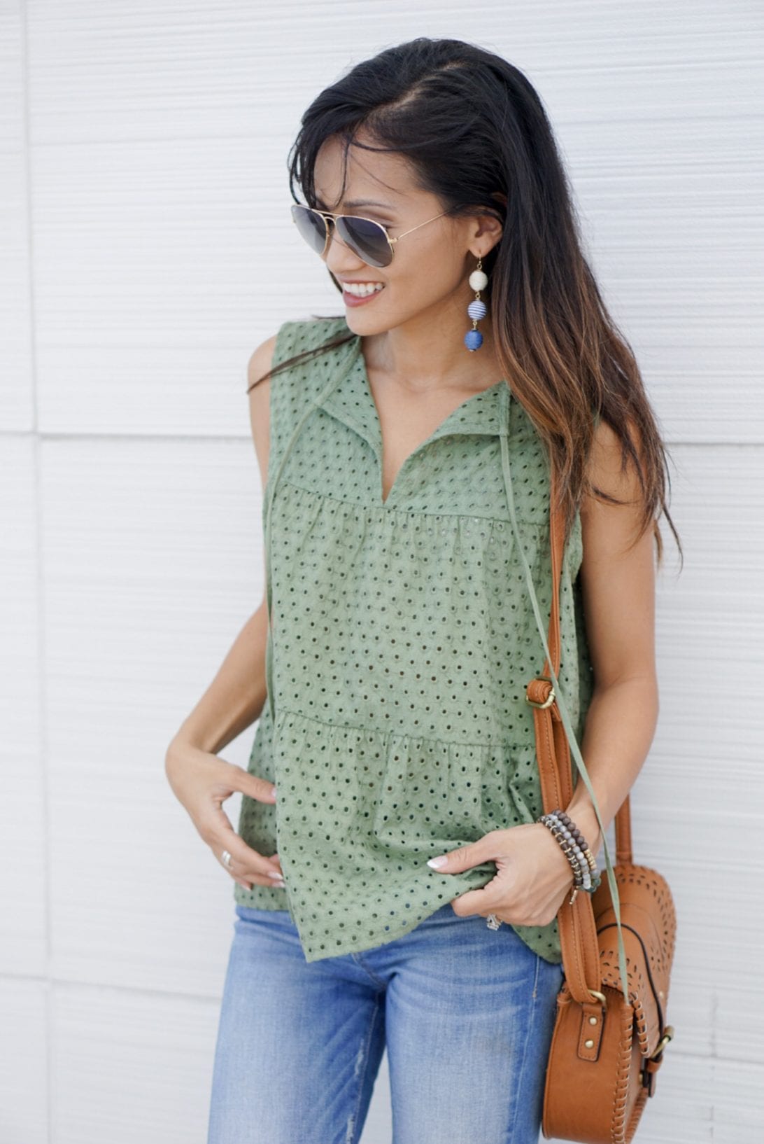  TRUE CRAFT Eyelet Tiered Tank, mom style, mommy and me style, back to school, peplum top, marc fisher wedges, aaron platform wedge, aviators, skinny jeans