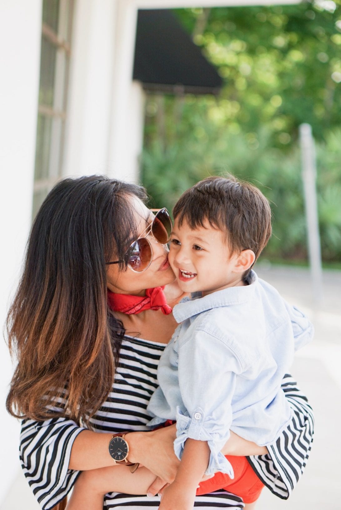 red bandana, neck scarf, striped top, off the shoulder, gladiators, mom shorts, mommy and me, boy mom, toddler boy, outfits, 4th of july, quay sunglasses, cross body bag