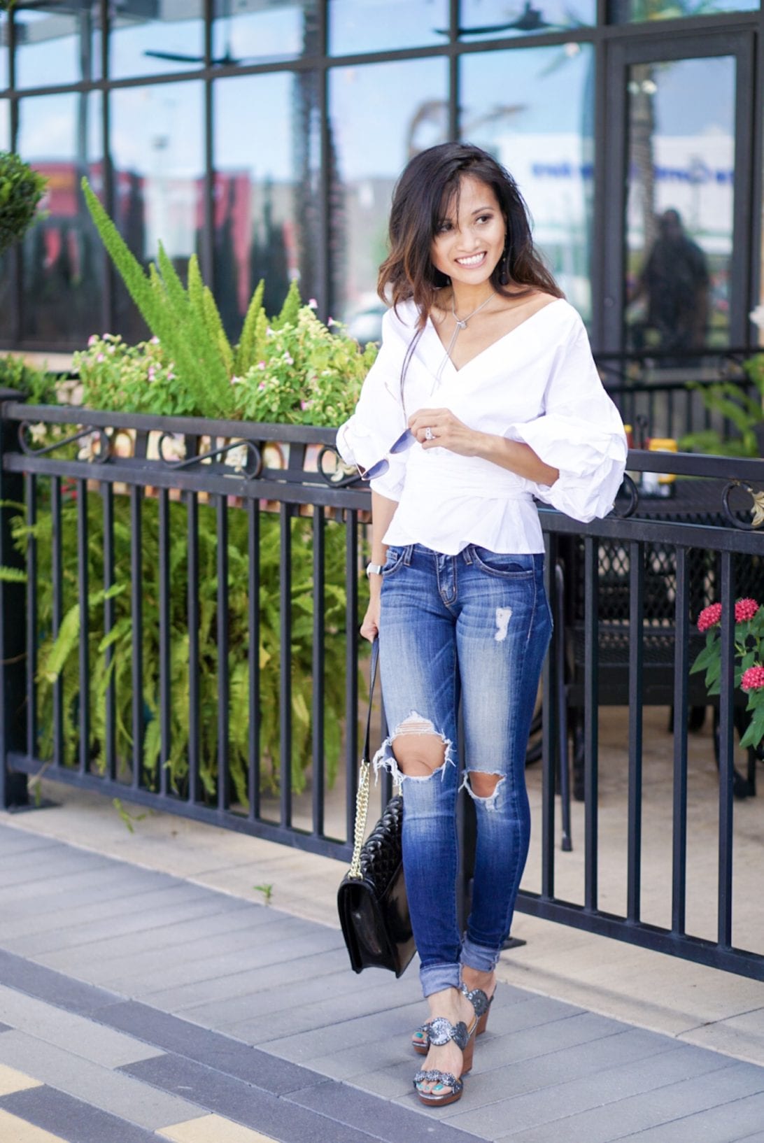 rayon aviators, daniel wellington, chicwish, white wrap top, denim, jack roger wedges, rebecca minkoff cross body bag