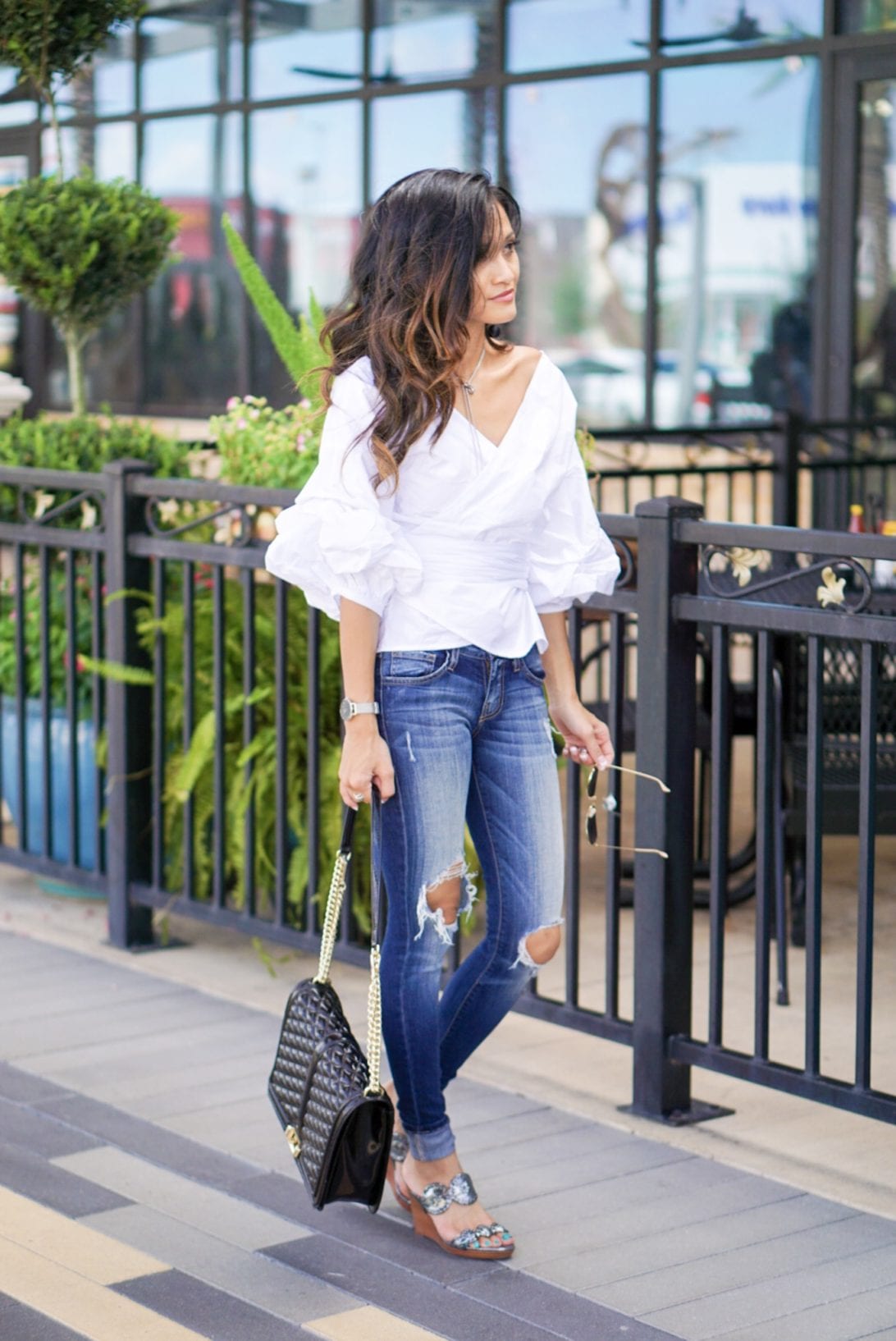 rayon aviators, daniel wellington, chicwish, white wrap top, denim, jack roger wedges, rebecca minkoff cross body bag