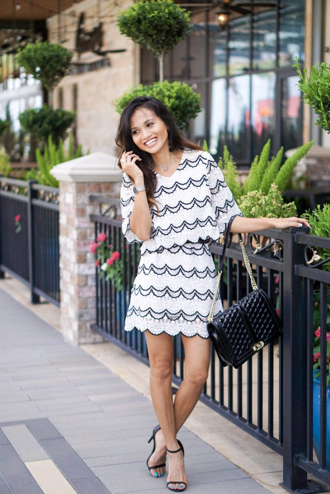 scallop skirt, scallop top, two piece skirt set, chicwish, date night look, Rebecca minkoff bag, date night outfit