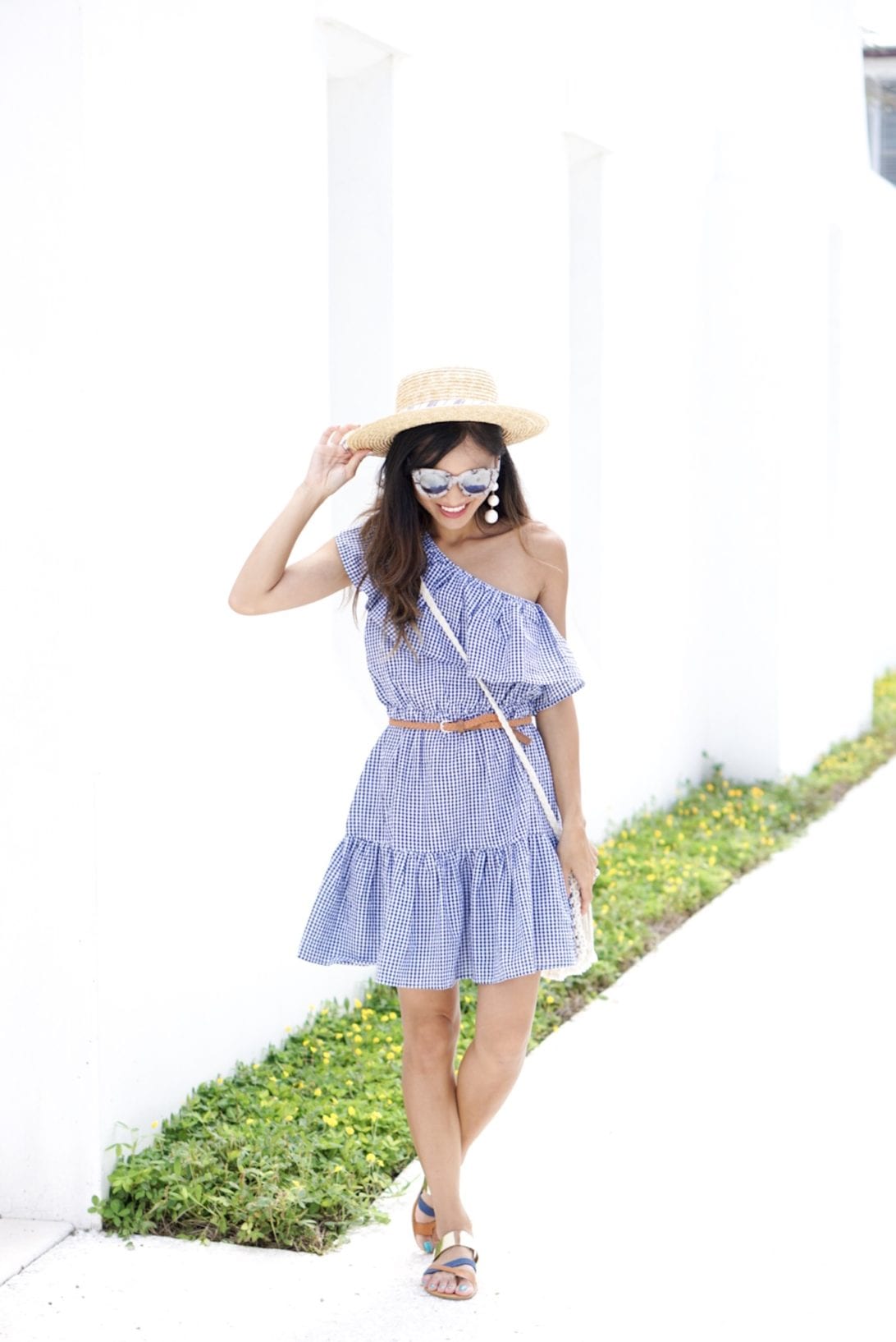 MINKPINK Wanderer One Shoulder Dress in Navy & White, gingham dress, agaci sandals, quay sunglasses, alys beach, Florida, 30a, visit Florida