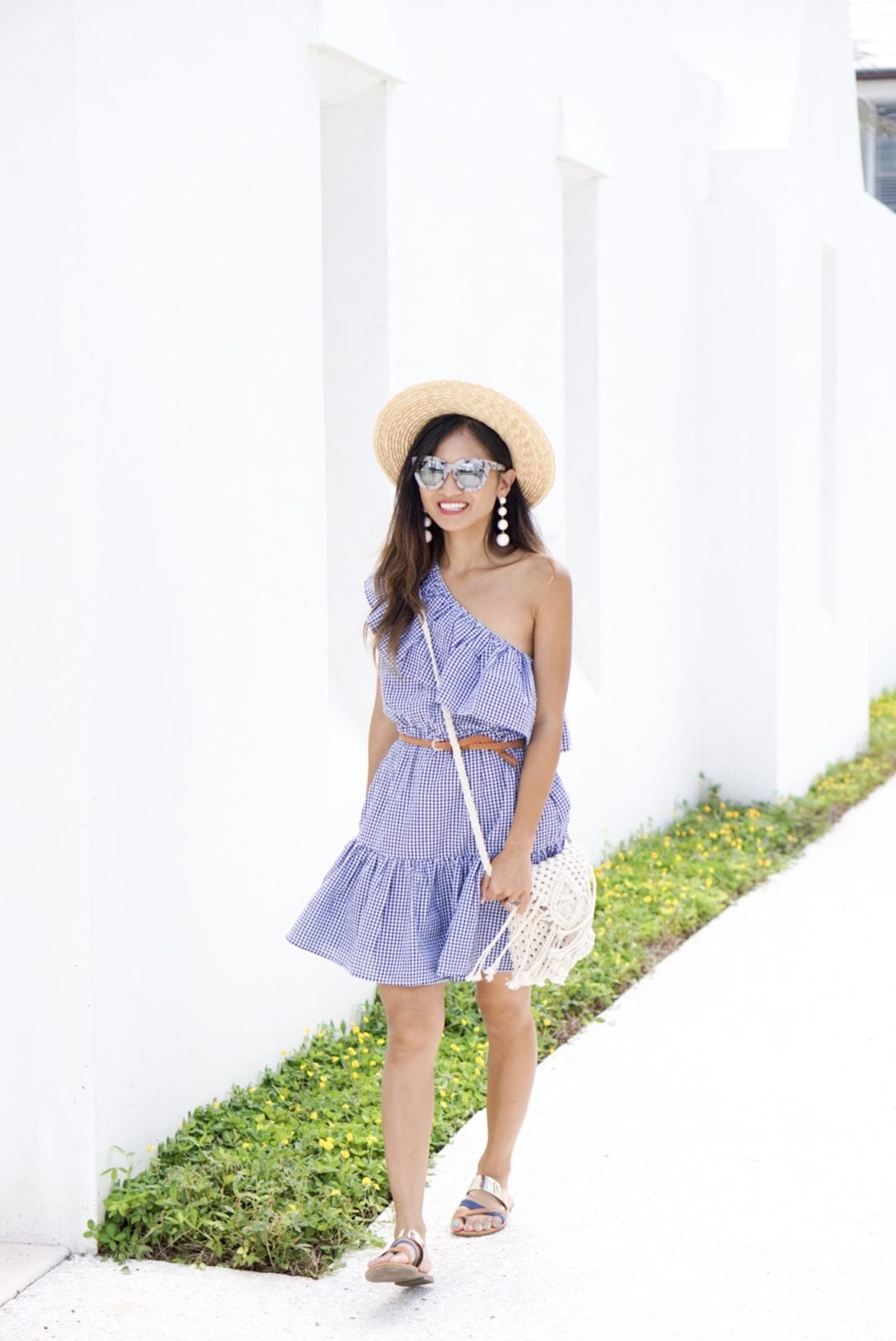 MINKPINK Wanderer One Shoulder Dress in Navy & White, gingham dress, agaci sandals, quay sunglasses, alys beach, Florida, 30a, visit Florida