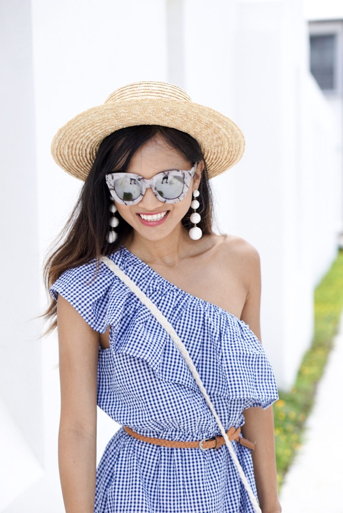 MINKPINK Wanderer One Shoulder Dress in Navy & White, gingham dress, agaci sandals, quay sunglasses, alys beach, Florida, 30a, visit Florida