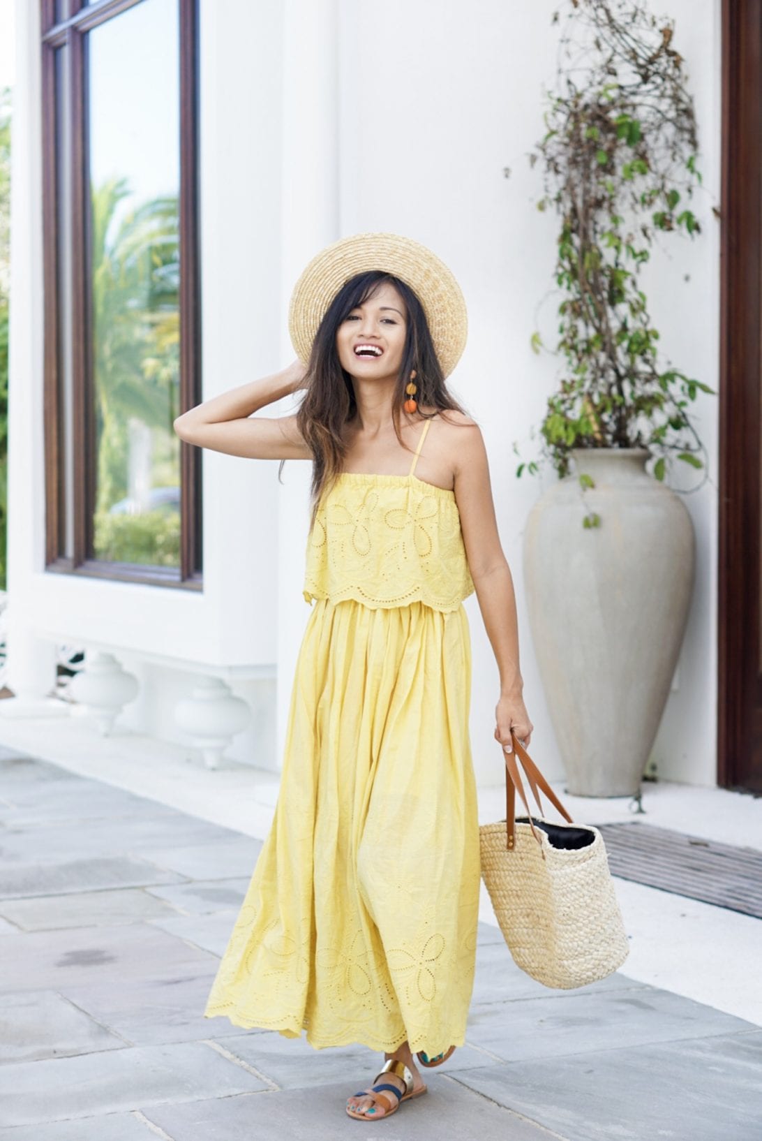 Tickle Me Picnic Embroidery Cotton Maxi Dress, yellow dress, beach dress, maxi dress, summer dress, dresses under $100, tote bag, straw bag, monogrammed straw bag, Marleylilly, alys beach