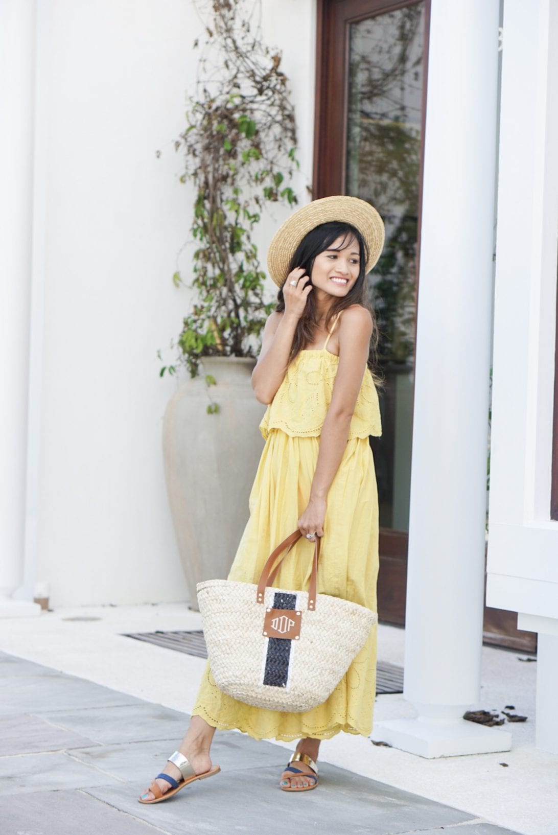 Tickle Me Picnic Embroidery Cotton Maxi Dress, yellow dress, beach dress, maxi dress, summer dress, dresses under $100, tote bag, straw bag, monogrammed straw bag, Marleylilly, alys beach