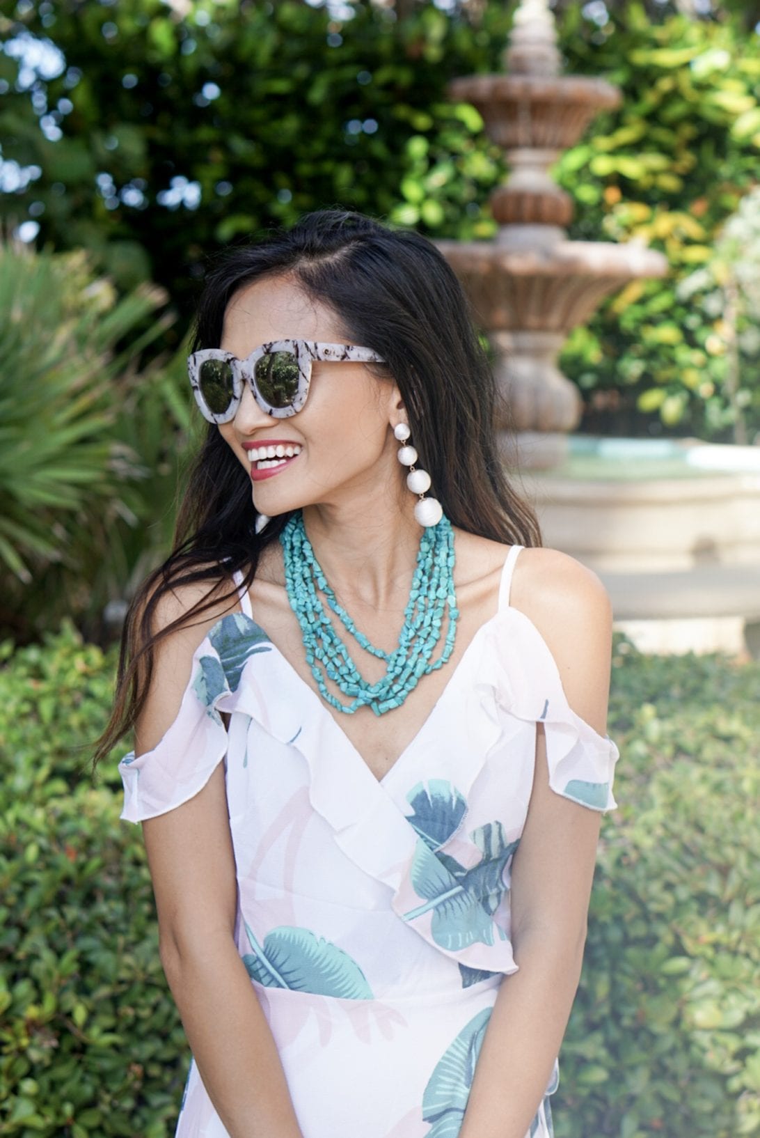 Palm Print Dress for Under $20, summer style, palm print dress, off the shoulder dress, monogrammed bag, turquoise necklace, quay sunglasses, vacation style, Mia sandals, Gigi Ghillie Sandal