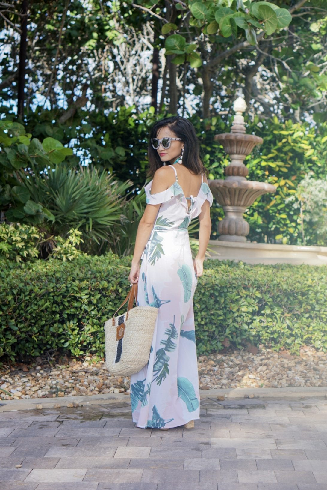 Palm Print Dress for Under $20, summer style, palm print dress, off the shoulder dress, monogrammed bag, turquoise necklace, quay sunglasses, vacation style, Mia sandals, Gigi Ghillie Sandal