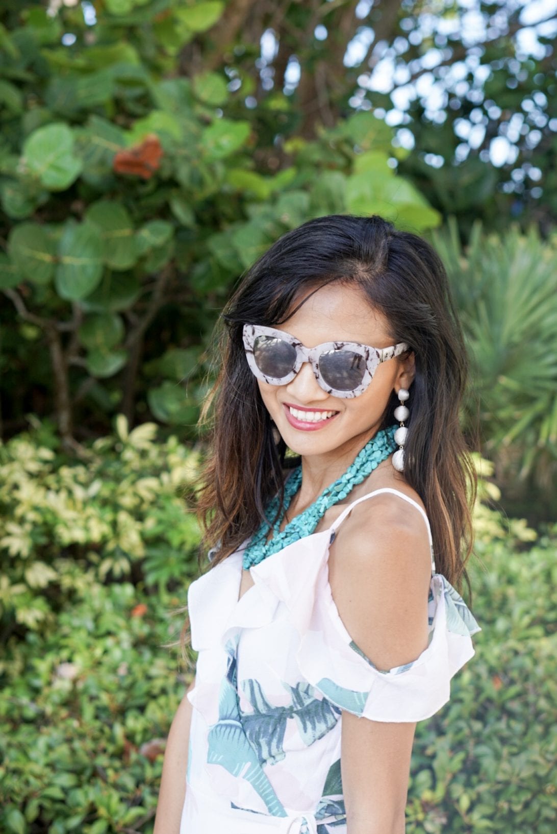 Palm Print Dress for Under $20, summer style, palm print dress, off the shoulder dress, monogrammed bag, turquoise necklace, quay sunglasses, vacation style