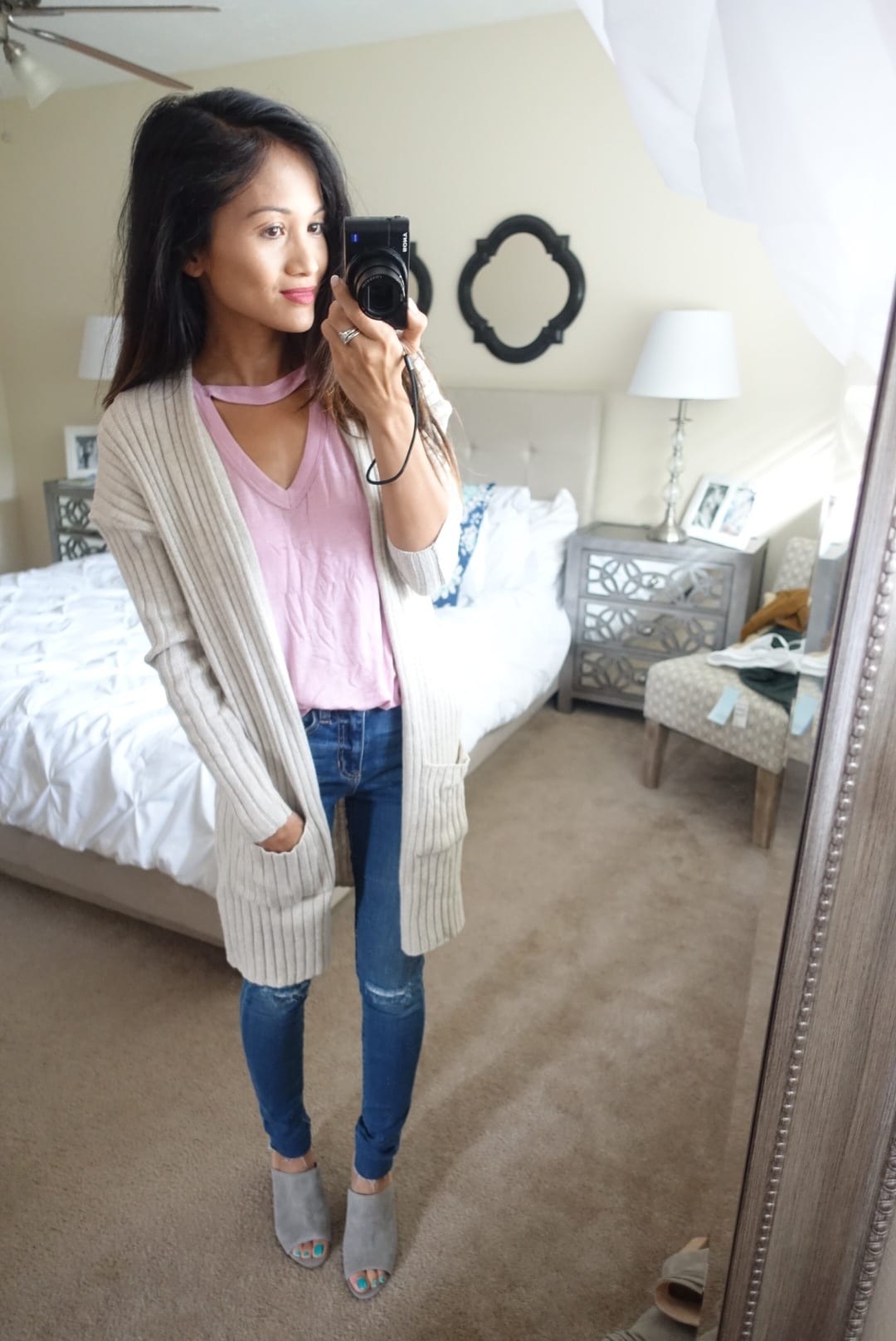 nordstrom anniversary sale, rib knit cardigan, high waisted denim, choker t-shirt, grey mules