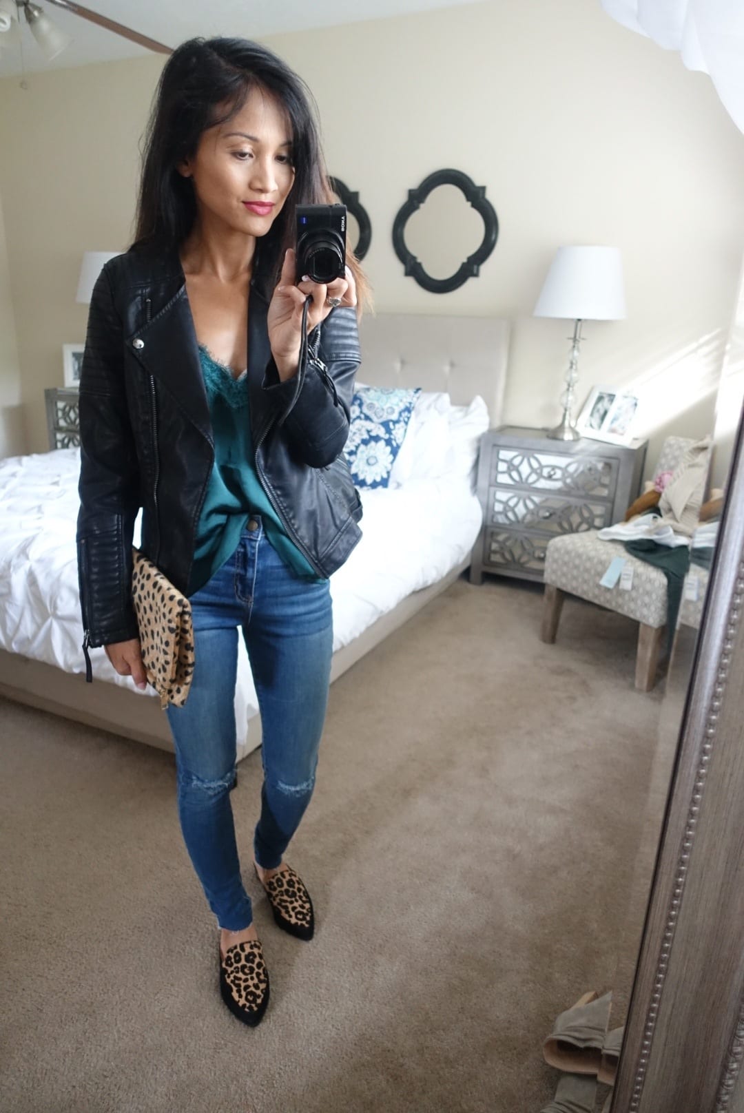 black Moto jacket, toyshop jacket, leopard mules, leopard clutch, nordstrom anniversary sale 2017