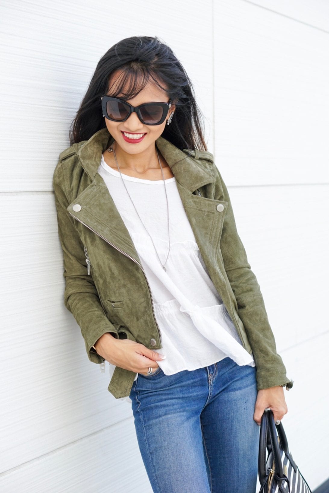 blank NYC, suede jacket, olive jacket, peplum top, Kate spade purse, skinny jeans, fall outfit, Versace sunglasses, open toe booties, NYC, NYFW, NYFW schedule 
