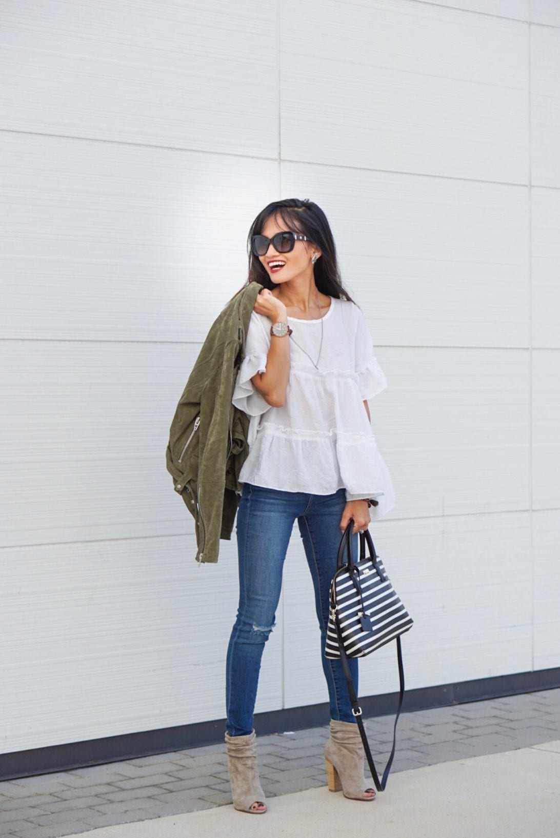 blank NYC, suede jacket, olive jacket, peplum top, Kate spade purse, skinny jeans, fall outfit, Versace sunglasses, open toe booties, NYC, NYFW, NYFW schedule 