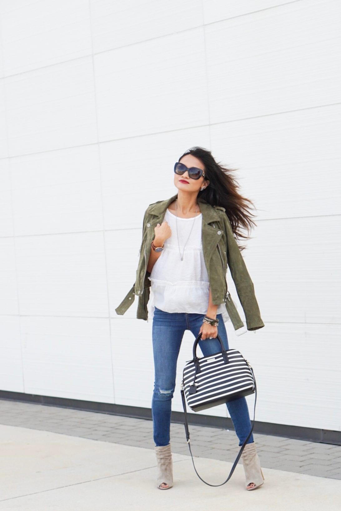 blank NYC, suede jacket, olive jacket, peplum top, Kate spade purse, skinny jeans, fall outfit, Versace sunglasses, open toe booties, NYC, NYFW, NYFW schedule 