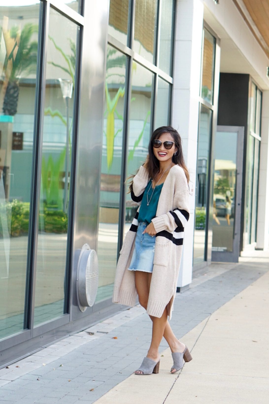 what to wear after Labor Day, transitioning from summer to fall wardrobe, what to wear in the fall, fall outfit, oversized cardigan, denim skirt, summer outfit, Prada glasses, camisole, slides, grey slides, Nordstrom, goodnight macaroon, daniel Wellington watch