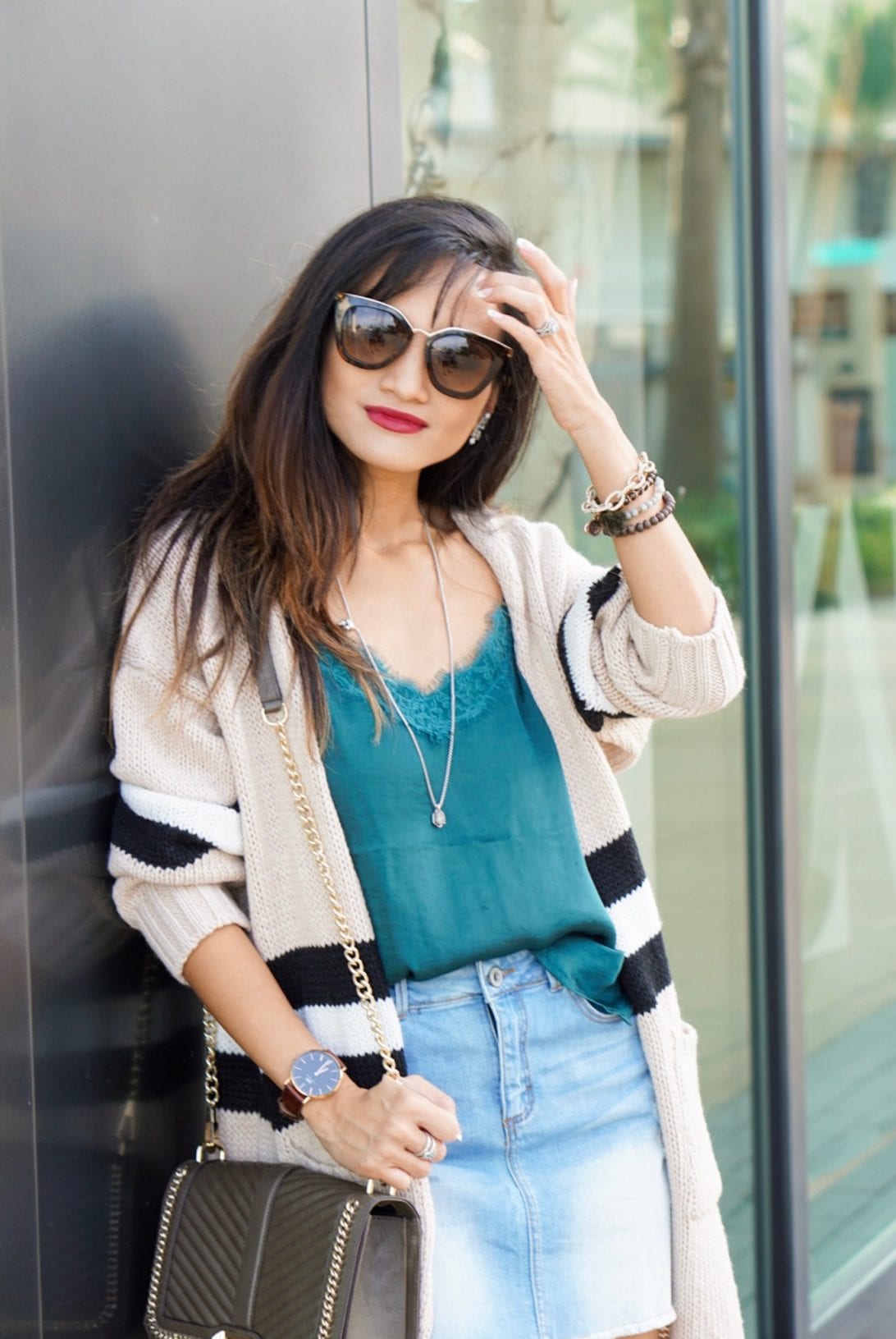 what to wear after Labor Day, transitioning from summer to fall wardrobe, what to wear in the fall, fall outfit, oversized cardigan, denim skirt, summer outfit, Prada glasses, camisole, slides, grey slides, Nordstrom, goodnight macaroon, daniel Wellington watch. 
