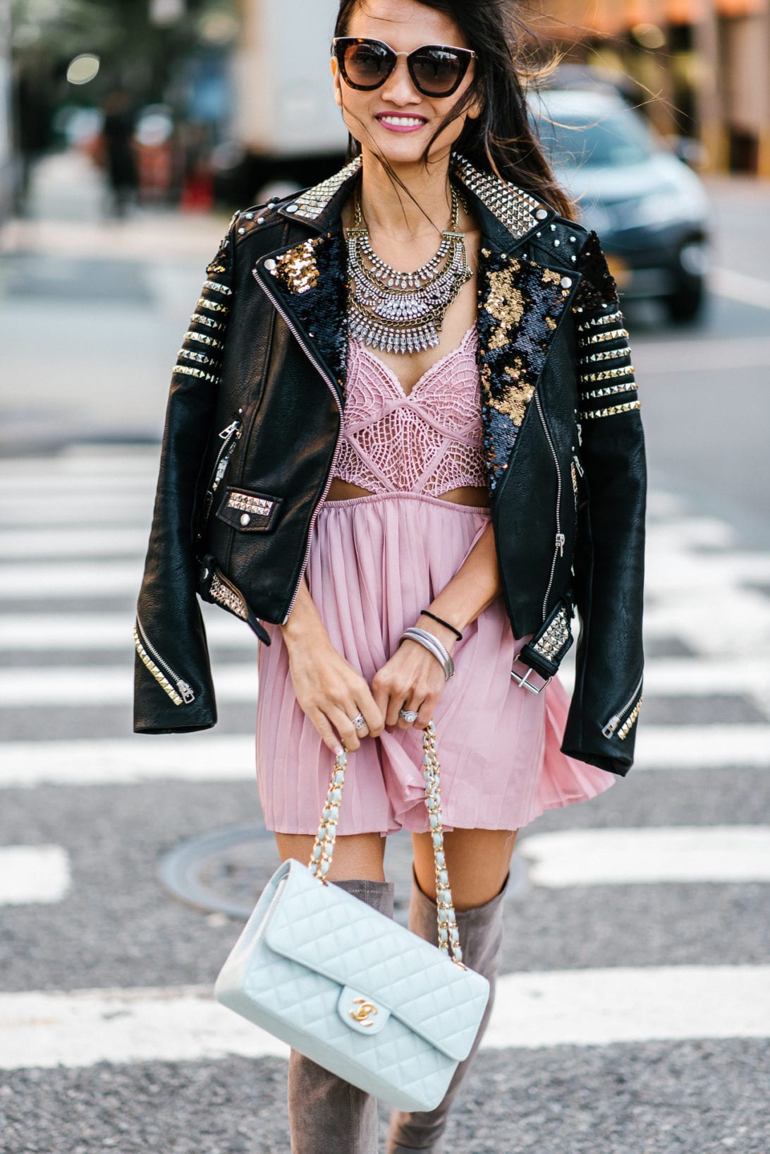 NYFW, New York FASHION WEEK, CUSTOMIZE DIY JACKET, DIY LEATHER JACKET, EMBELLISHED JACKET, STUDDED JACKET, SEQUIN JACKET, NYFW STREET STYLE, FRIDA KAHLO, diy under $50