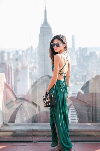 NYC travel guide, things to do in NYC, places to take pictures in NYC, top of the rock, Rockefeller center, pared sunglasses, green dress, greenification, otk boots, grey boots, fall boots, thigh high boots 