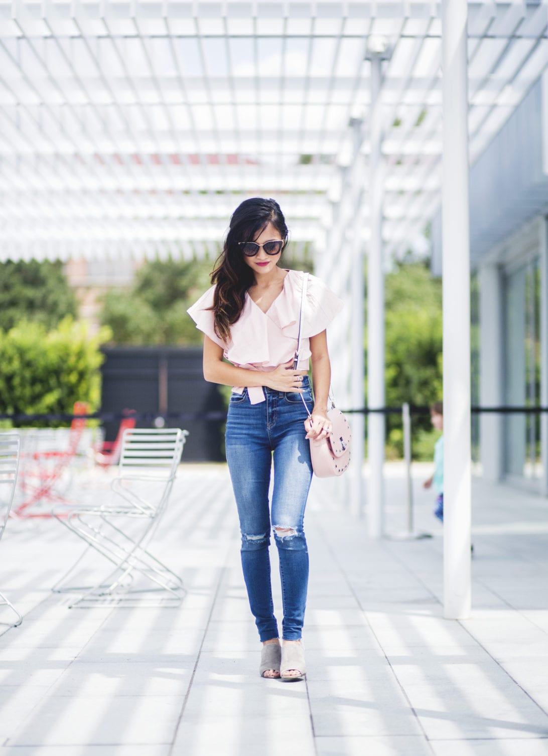 Prada sunglasses, pink frill top, chicwish, high waisted skinny jeans, wear pink, pink studded cross body bag, Susan G komen, race for the cure, breast cancer awareness 