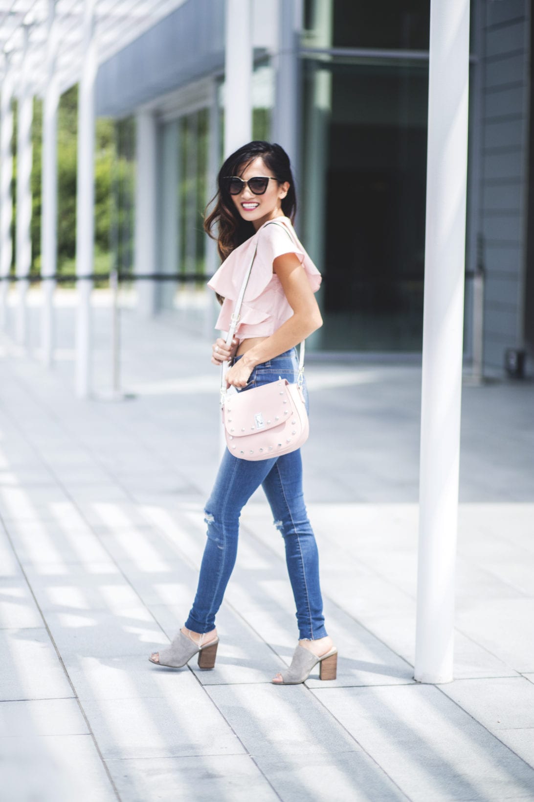 Prada sunglasses, pink frill top, chicwish, high waisted skinny jeans, wear pink, pink studded cross body bag, Susan G komen, race for the cure, breast cancer awareness 