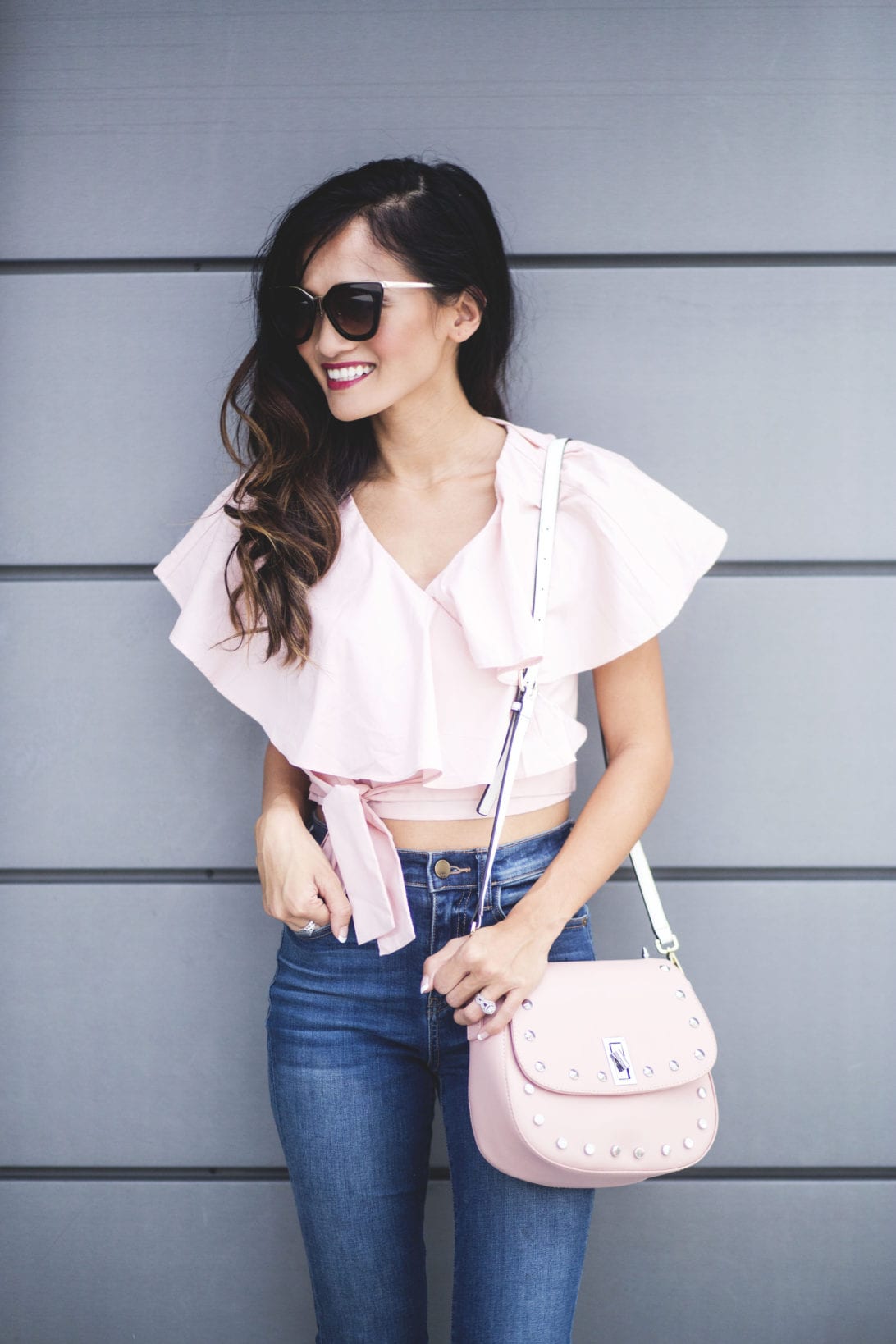 Prada sunglasses, pink frill top, chicwish, high waisted skinny jeans, wear pink, pink studded cross body bag, Susan G komen, race for the cure, breast cancer awareness 