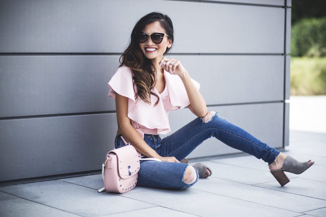 Prada sunglasses, pink frill top, chicwish, high waisted skinny jeans, wear pink, pink studded cross body bag, Susan G komen, race for the cure, breast cancer awareness 