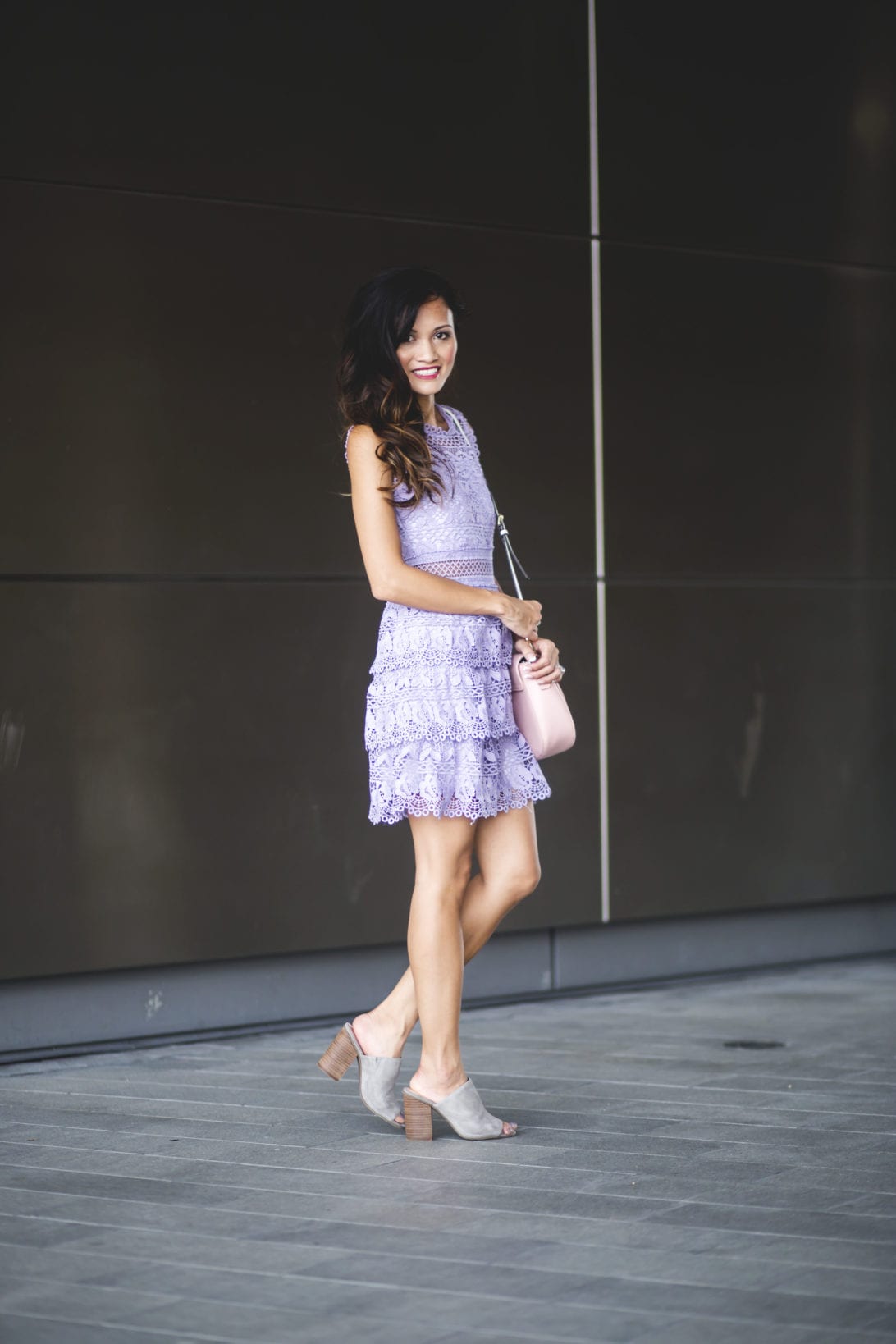 lace dress, purple lace dress Sunday best, what to wear to church, gray mules, pink bag. blazer jacket, layer for fall, pastel dresses, lace dresses 