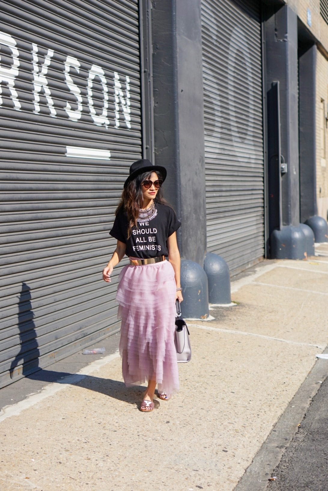 NYC STREET STYLE, New York FASHION WEEK, New York CITY, NYFW 2017, NYFW STREET STYLE, STREET STYLE, FEMINIST, TULLE SKIRT, SEX AND THE CITY OUTFIT, NY GLITTER FLATS, ZAC ZAC POSEN BAG, BLACK FEDORA