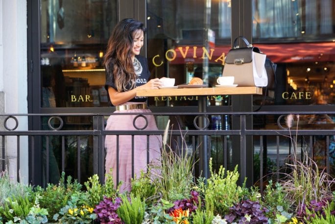 NYC STREET STYLE, New York FASHION WEEK, New York CITY, NYFW 2017, NYFW STREET STYLE, STREET STYLE, FEMINIST, TULLE SKIRT, SEX AND THE CITY OUTFIT, NY GLITTER FLATS, ZAC ZAC POSEN BAG, PARK SOUTH HOTEL, COVINA CAFE