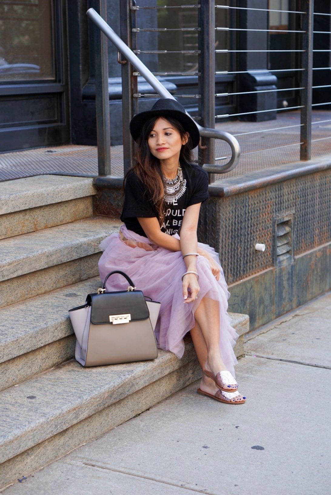 NYC STREET STYLE, New York FASHION WEEK, New York CITY, NYFW 2017, NYFW STREET STYLE, STREET STYLE, FEMINIST, TULLE SKIRT, SEX AND THE CITY OUTFIT, NY GLITTER FLATS, ZAC ZAC POSEN BAG, BLACK FEDORA
