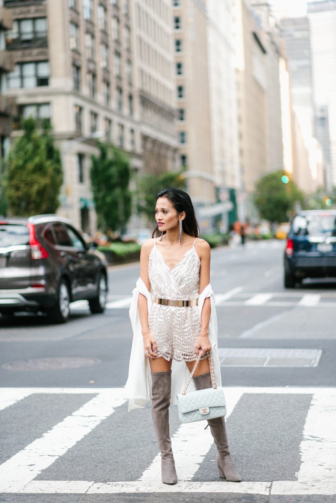 nyfw, NYC, New York fashion week, nyfw style, NYFW STREET STYLE, WHAT TO WEAR TO NYFW, NYC STREET STYLE, NYC, SEQUIN ROMPER, CHANEL FLAP BAG, WHITE CAPE, STREET SHOT, THIGH HIGH BOOTS, GOODNIGHT MACAROON, OTK BOOTS, GRAY BOOTS, OVER THE KNEE BOOTS