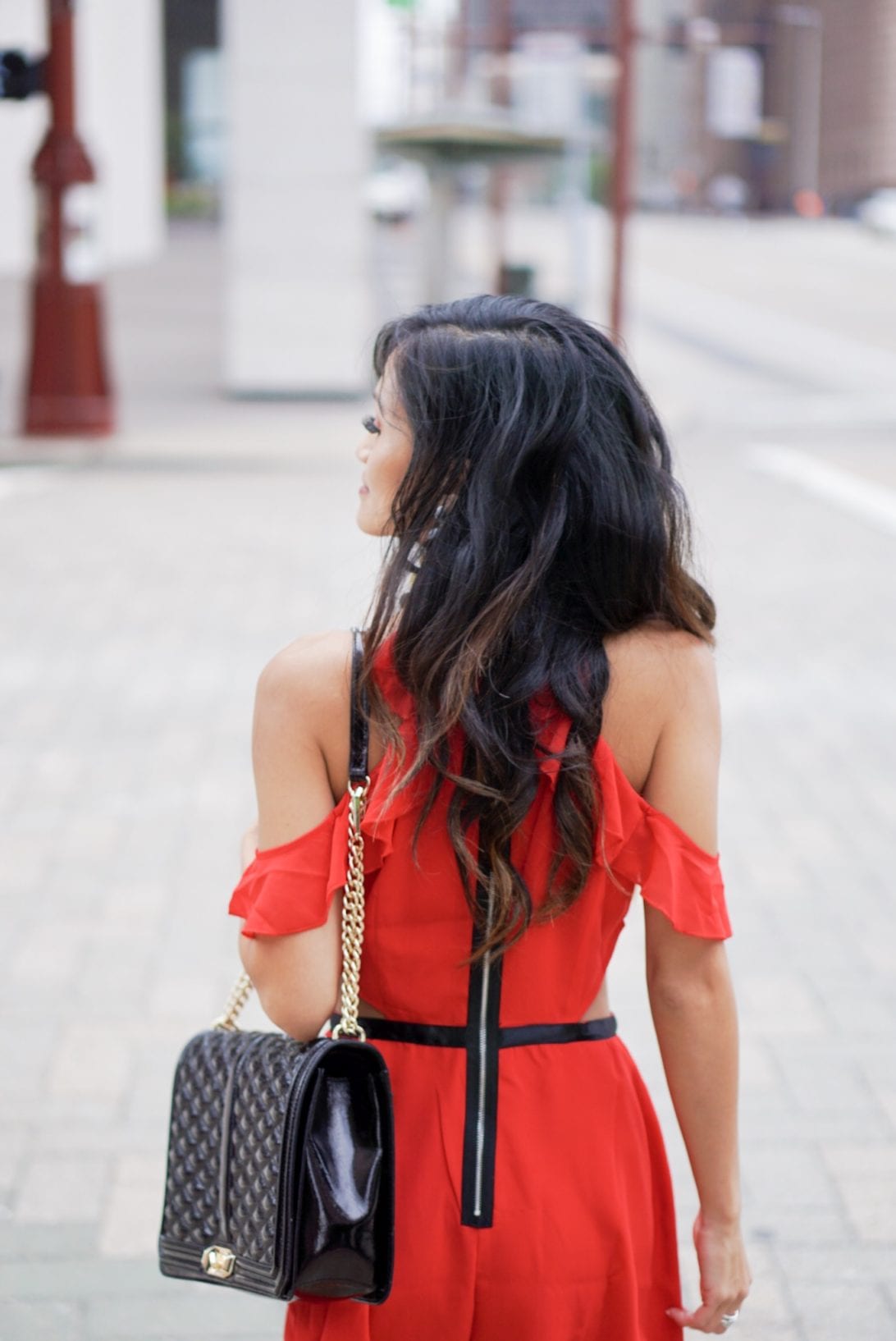 red romper, red dress, ruffle romper, black leather jacket, Moto jacket, rebecca minkoff, love cross body bag, block heels, black heels, bauble bar ball earrings, growing your network, network, blogging network, growing your tribe, blog tips, blogging tips