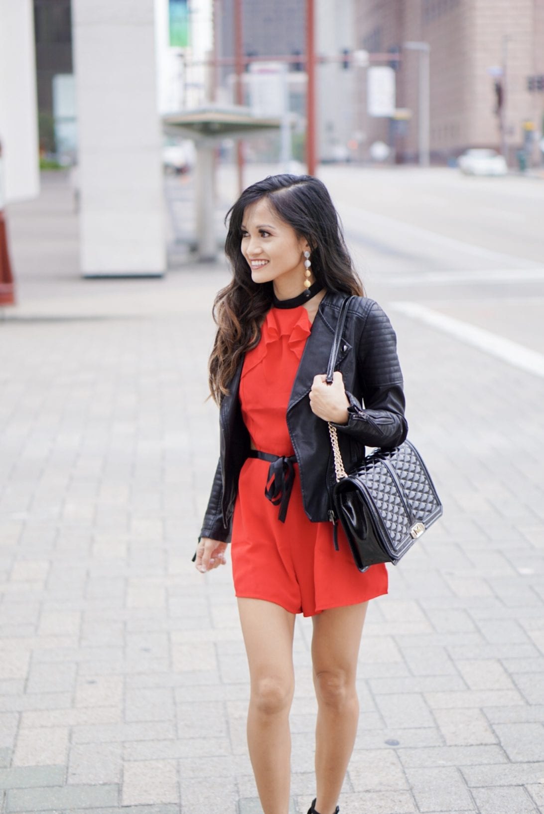 red romper, red dress, ruffle romper, black leather jacket, Moto jacket, rebecca minkoff, love cross body bag, block heels, black heels, bauble bar ball earrings, growing your network, network, blogging network, growing your tribe, blog tips, blogging tips