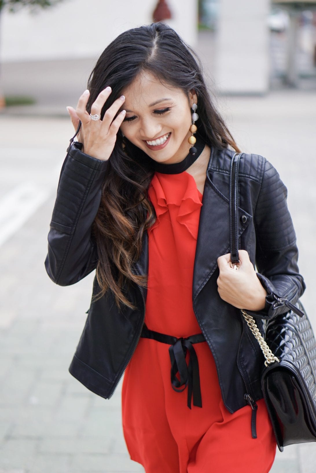 red romper, red dress, ruffle romper, black leather jacket, Moto jacket, rebecca minkoff, love cross body bag, block heels, black heels, bauble bar ball earrings, growing your network, network, blogging network, growing your tribe, blog tips, blogging tips