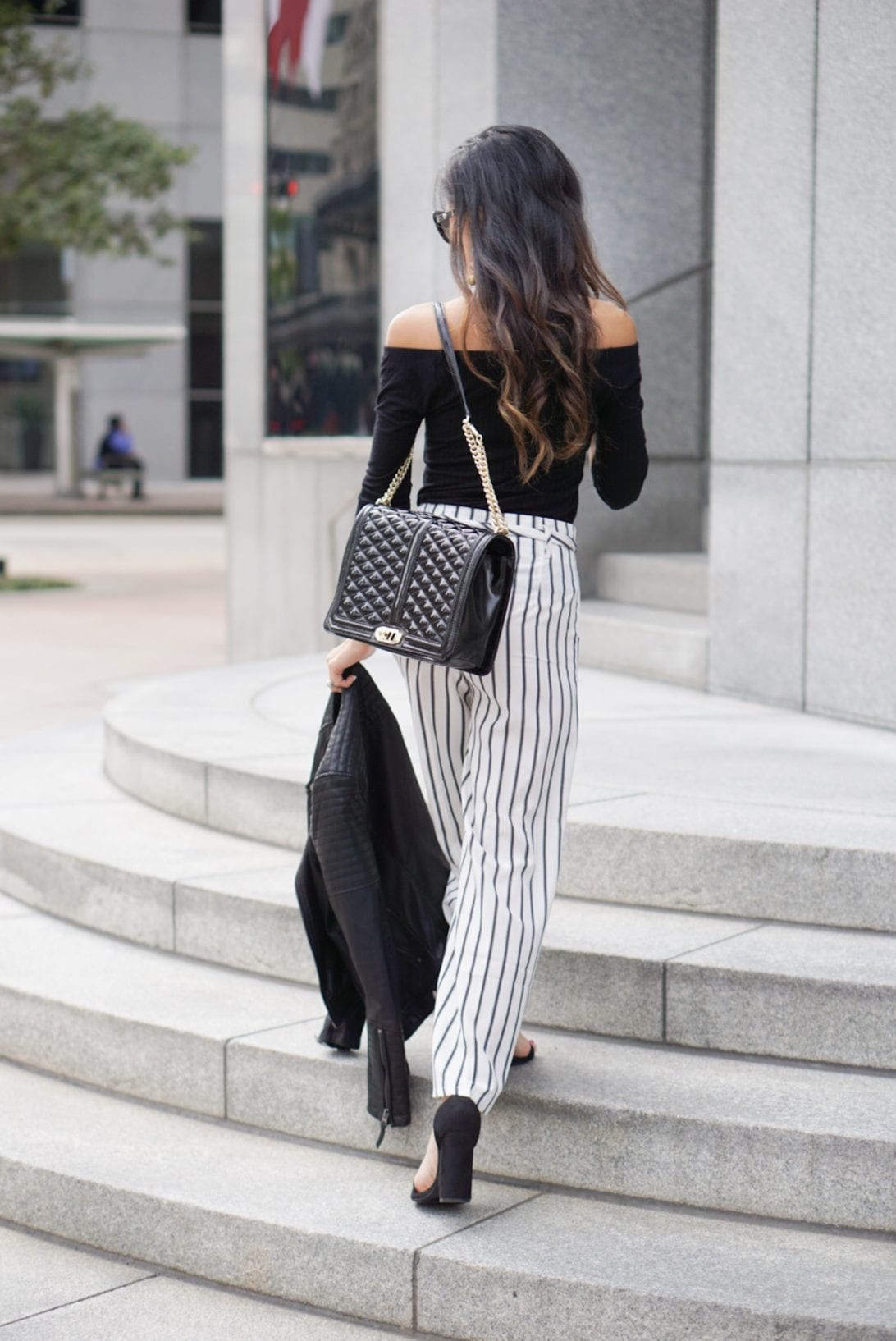 work wear outfit, business causal outfit, striped pants, culottes, wide leg pants, striped wide leg pants, Versace sunglasses, leather Moto jacket, love crossbody bag, Rebecca minkoff, black block heels, how to wear wide leg pants, outfit idea, outfit inspiration 