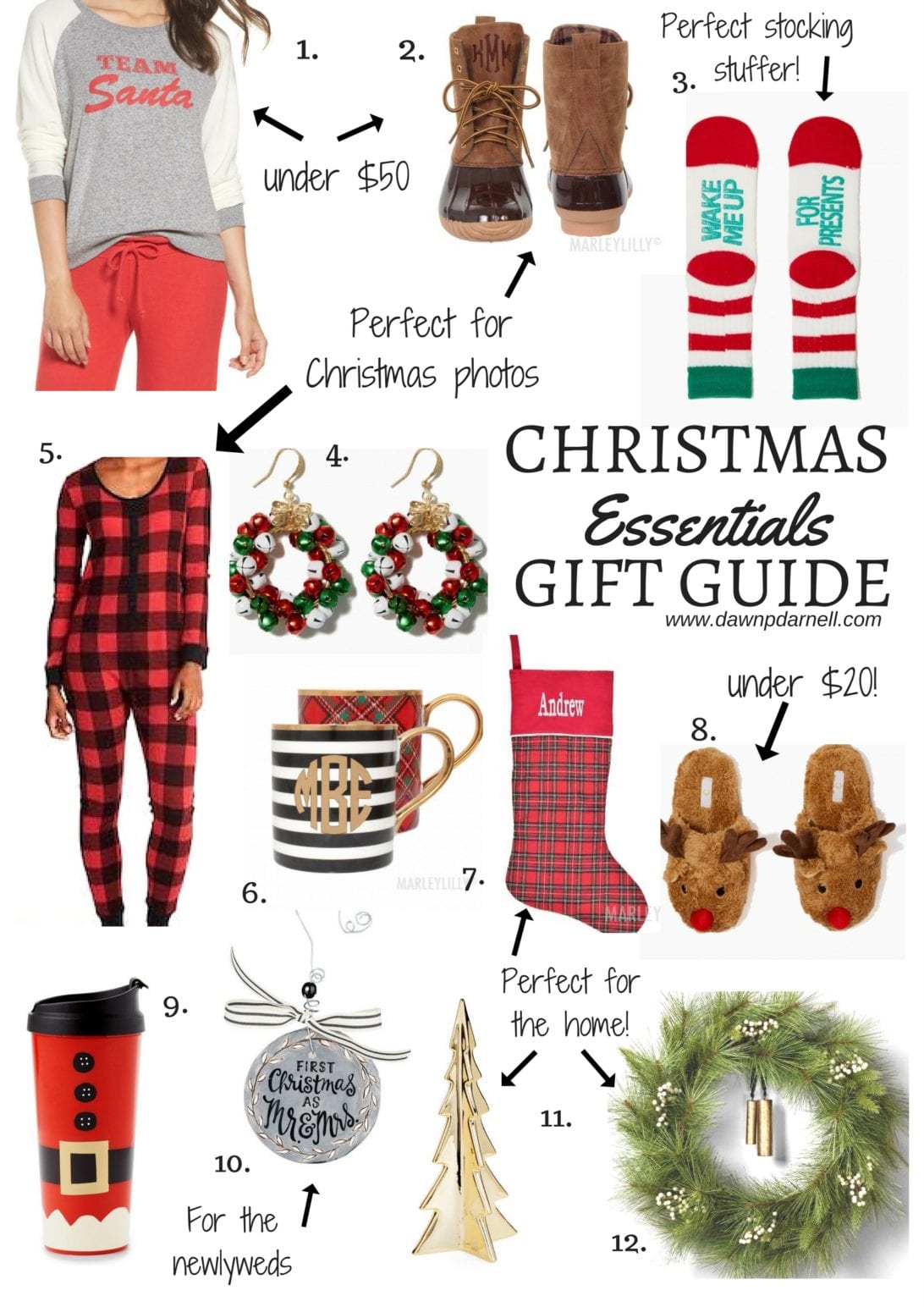1. Team Santa Raglan Sweatshirt  2. Monogrammed Duck Boots  3. Wake Me Up For Presents Socks  4. Jingle Bell Wreath Earrings  5. Thermal Onesie for Women  6. Personalized Coffee Mug  7. Monogrammed Stocking   8. Reindeer Slip-on Slippers  9. holiday village thermal mug  10. Our First Christmas Ceramic Ornament  11. Gold Porcelain Tree  12. Pine Wreath from Heart & Hand Magnolia, christmas gift guide, christmas decor, family matching pjs, buffalo plaid pjs, buffalo plaid dress, buffalo plaid pj for toddlers, buffalo plaid dress, christmas outfit ,