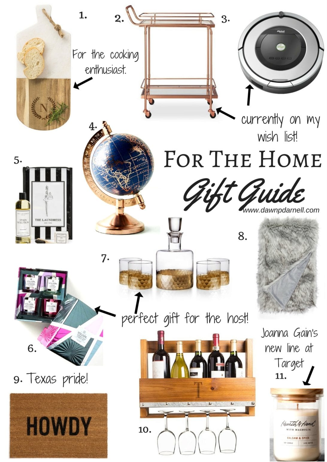 Gift ideas for the home, home gift guide, christmas gift guide, Monogram Marble & Wood Serving Board, Metal, Glass, and Leather Bar Cart, Roomba® 860 Robotic Vacuum, Decorative Globe, Stain Removal Kit, Voluspa Maison Mini Candle Gift Set, 'Daphne' Decanter & Whiskey Glasses, Fox Faux Fur Throw Blanket, 'Howdy' Doormat, Personalized Rustic Wall Wine Rack & Glass Holder, Hearth & Hand with Magnolia Lidded Candle