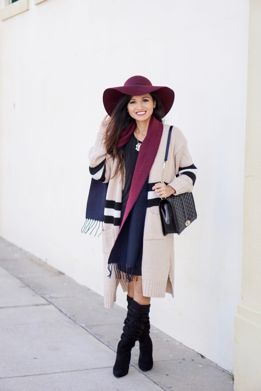 november favorites, fall accessories, Burgundy hat, floppy hat, fall accessories, beauty favorites, fashion favorites, slouchy boot, black boots, striped cardigan, goodnight macaroon, Rebecca minkoff love cross body, monogrammed necklace , black dress, fall dress, fall outfit, fall favorites 