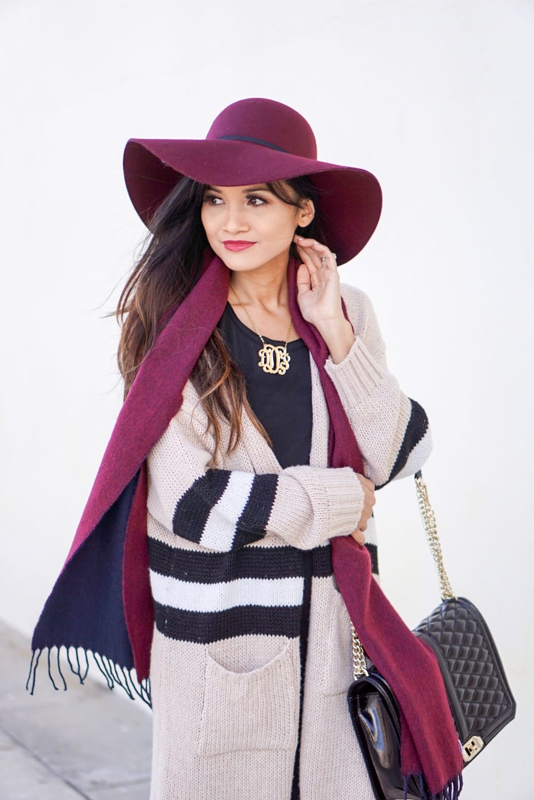 november favorites, fall accessories, Burgundy hat, floppy hat, fall accessories, beauty favorites, fashion favorites, slouchy boot, black boots, striped cardigan, goodnight macaroon, Rebecca minkoff love cross body, monogrammed necklace , black dress, fall dress, fall outfit, fall favorites 