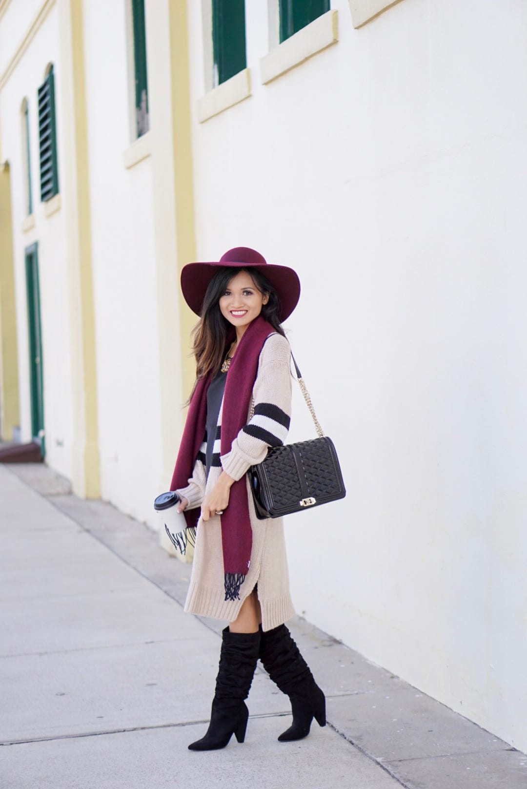 november favorites, fall accessories, Burgundy hat, floppy hat, fall accessories, beauty favorites, fashion favorites, slouchy boot, black boots, striped cardigan, goodnight macaroon, Rebecca minkoff love cross body, monogrammed necklace , black dress, fall dress, fall outfit, fall favorites 