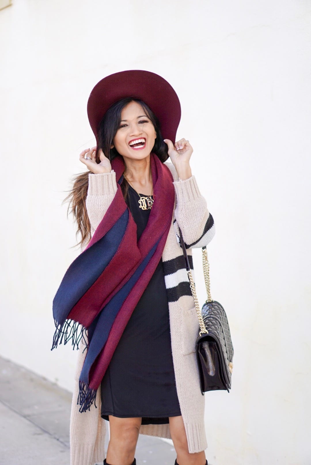 november favorites, fall accessories, Burgundy hat, floppy hat, fall accessories, beauty favorites, fashion favorites, slouchy boot, black boots, striped cardigan, goodnight macaroon, Rebecca minkoff love cross body, monogrammed necklace , black dress, fall dress, fall outfit, fall favorites 