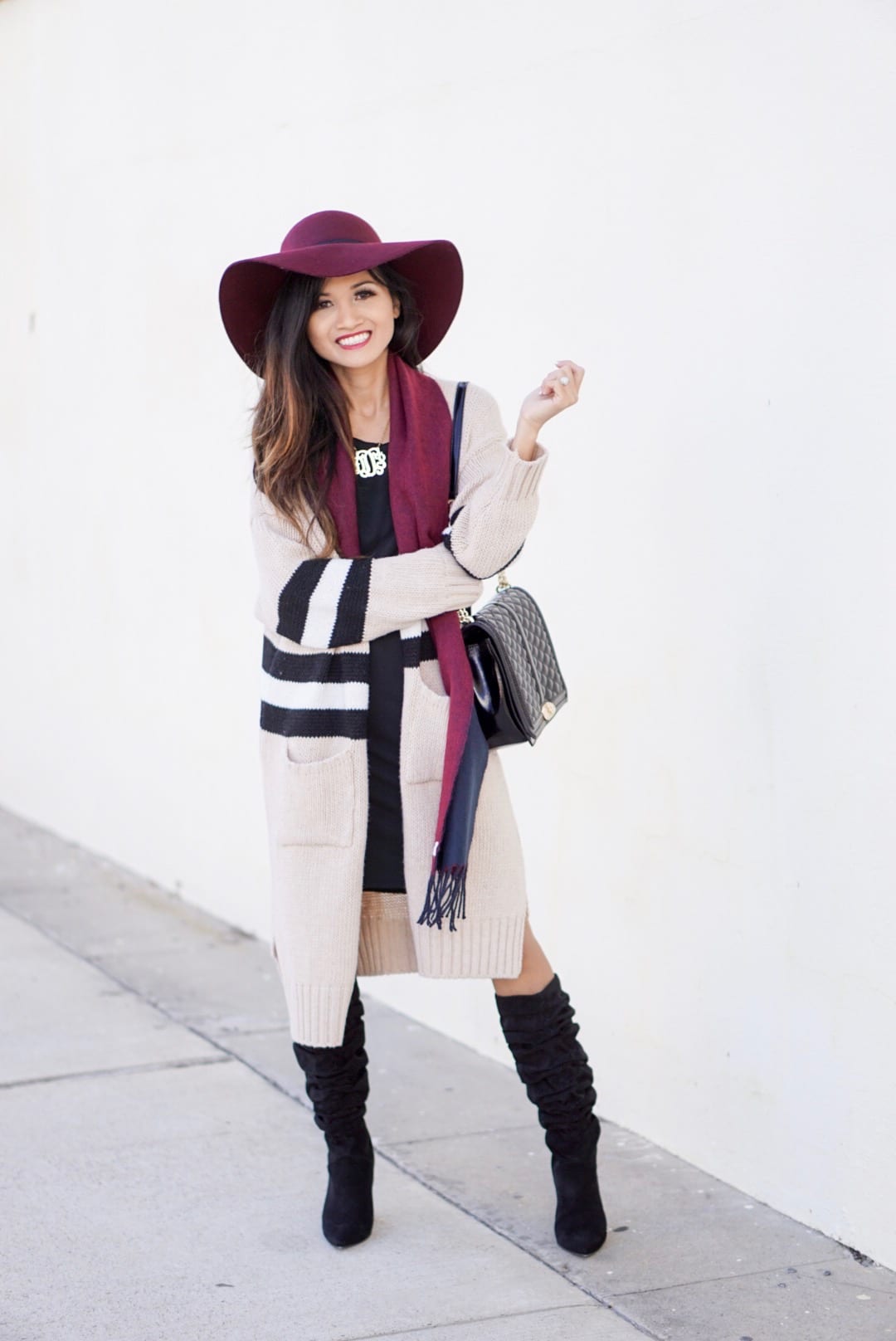 november favorites, fall accessories, Burgundy hat, floppy hat, fall accessories, beauty favorites, fashion favorites, slouchy boot, black boots, striped cardigan, goodnight macaroon, Rebecca minkoff love cross body, monogrammed necklace , black dress, fall dress, fall outfit, fall favorites 