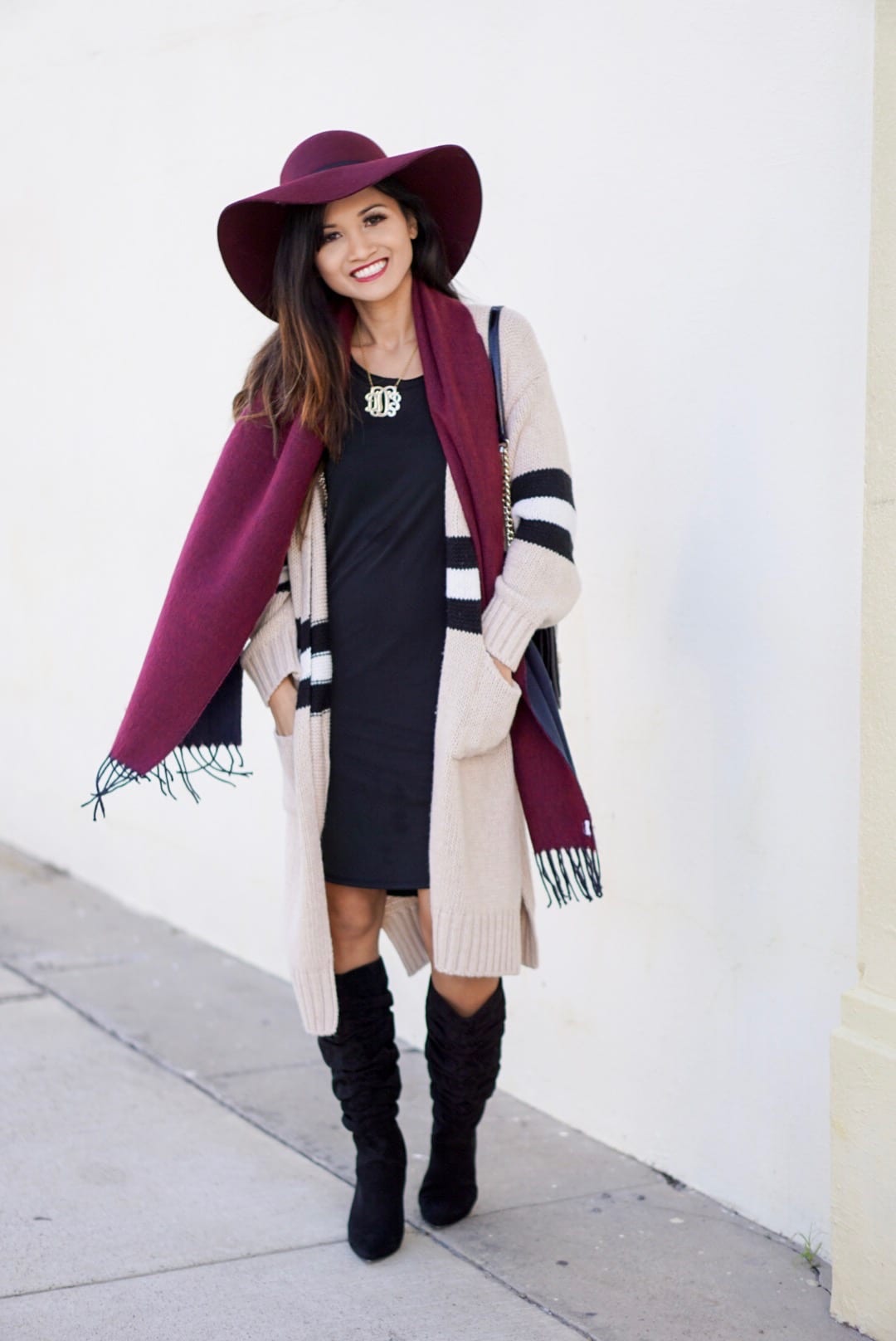 november favorites, fall accessories, Burgundy hat, floppy hat, fall accessories, beauty favorites, fashion favorites, slouchy boot, black boots, striped cardigan, goodnight macaroon, Rebecca minkoff love cross body, monogrammed necklace , black dress, fall dress, fall outfit, fall favorites 