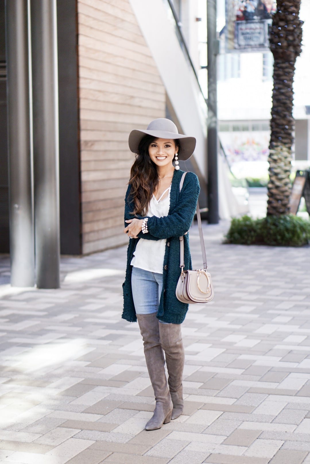 evereve, #dresslikemom, Chloe, amazon, Chloe dupe, mom style, mom fashion, gray floppy hat, gray over the knee boots, white bodysuit, Chloe dupe, mom tribe, mommy and me style 